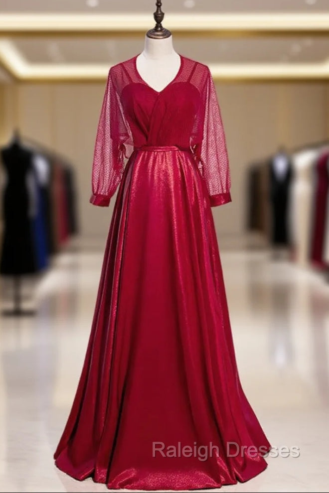 A Line Burgundy Satin Long Sleeve V Neck Prom Dress Main image