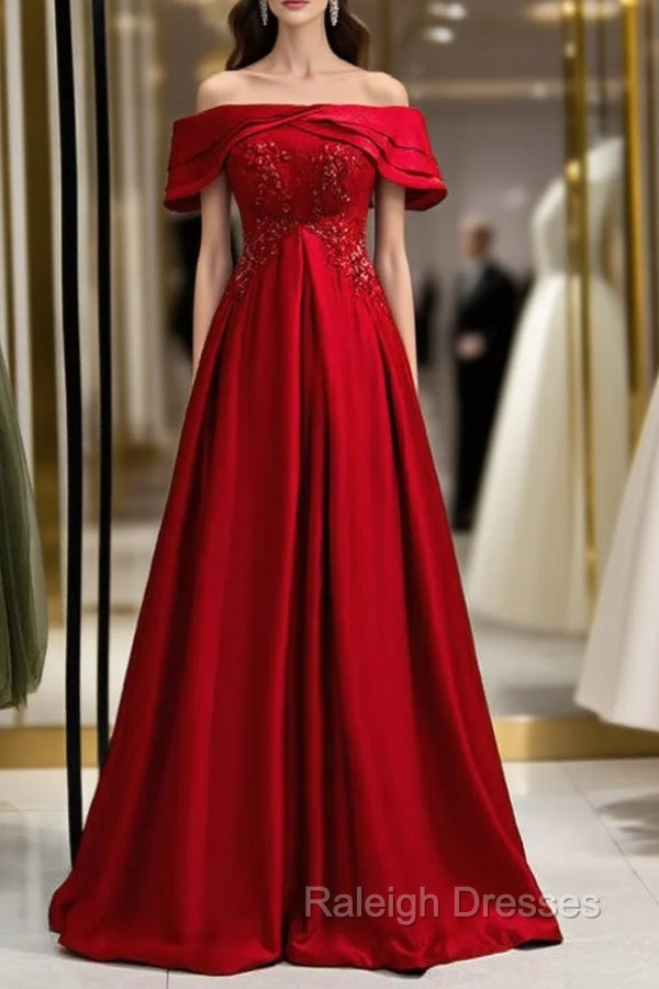 A Line Burgundy Satin Off the Shoulder Beading Prom Dress Main image