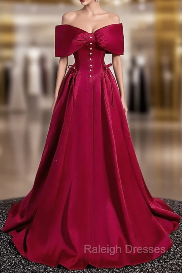 A-Line Burgundy Satin Off the Shoulder Pearls Prom Dress Main image