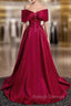 A Line Burgundy Satin Off the Shoulder Pearls Prom Dress