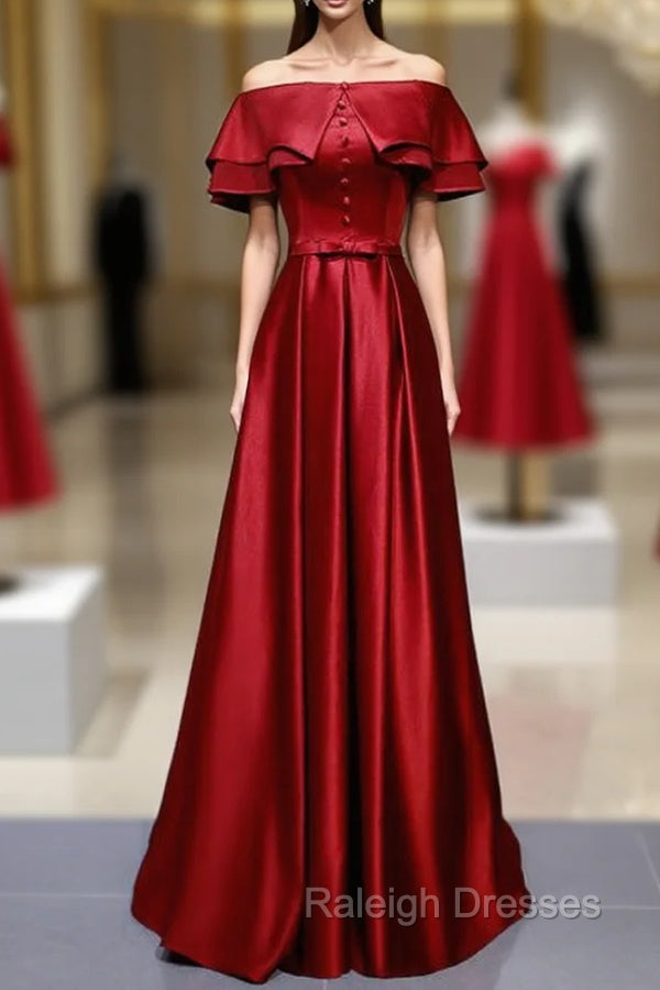 A Line Burgundy Satin Off the Shoulder Prom Dress With Button Main image