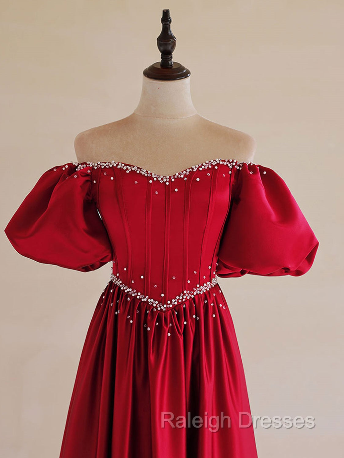 A-Line Burgundy Satin Puff Sleeves Long Prom Dress, Burgundy Formal Evening Dress Secondary image