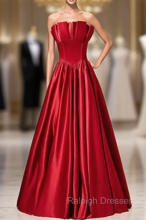 A-Line Burgundy Satin Strapless Pleats Long Prom Dress Main image