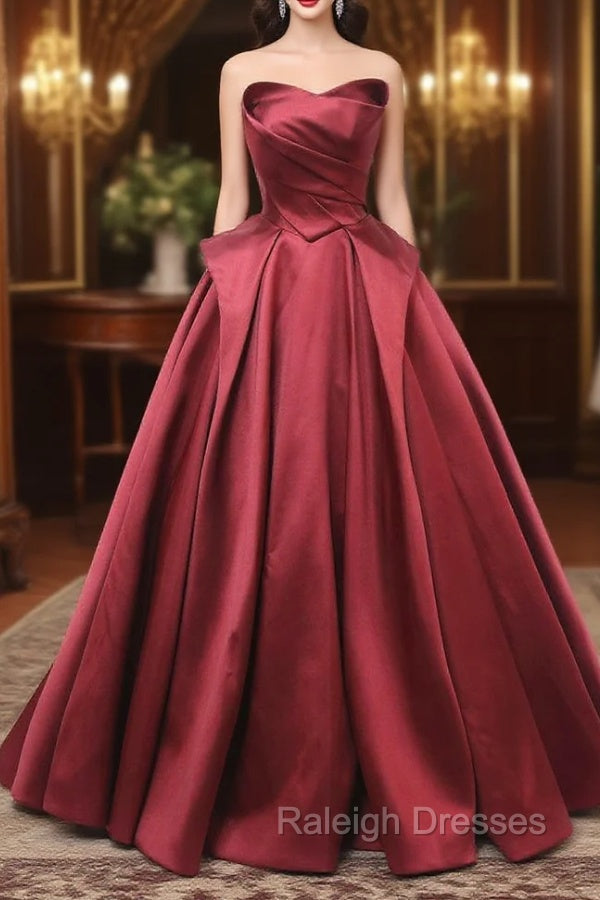 A-Line Burgundy Satin Strapless Pleats Prom Dress Main image