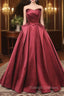 A-Line Burgundy Satin Strapless Pleats Prom Dress