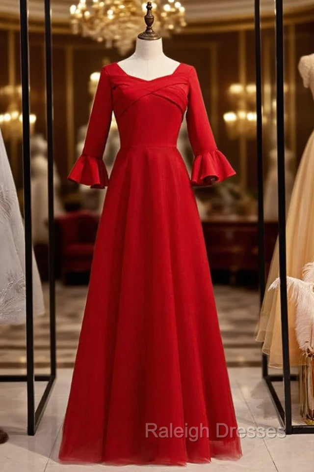 A-Line Burgundy Satin Tulle Half Sleeve Simple Prom Dress Main image