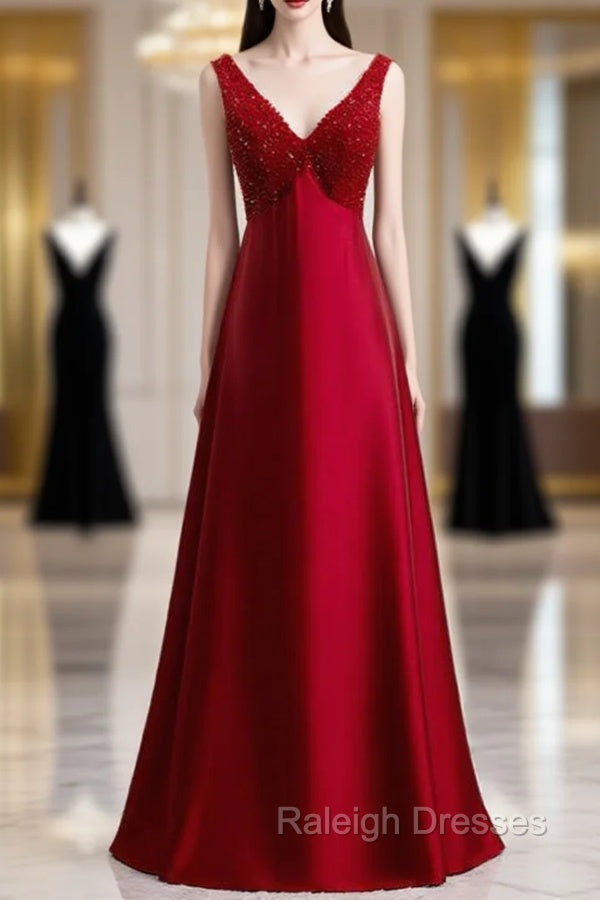 A-Line Burgundy Satin V-neck Beading Prom Dress