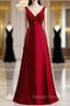 A-Line Burgundy Satin V-neck Beading Prom Dress