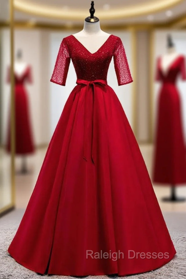 A Line Burgundy Satin V Neck Short Sleeve Sequins Prom Dress Main image
