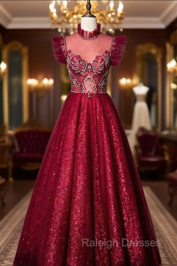 A-Line Burgundy Sequins High Neck Beading Crystal Prom Dress Main image