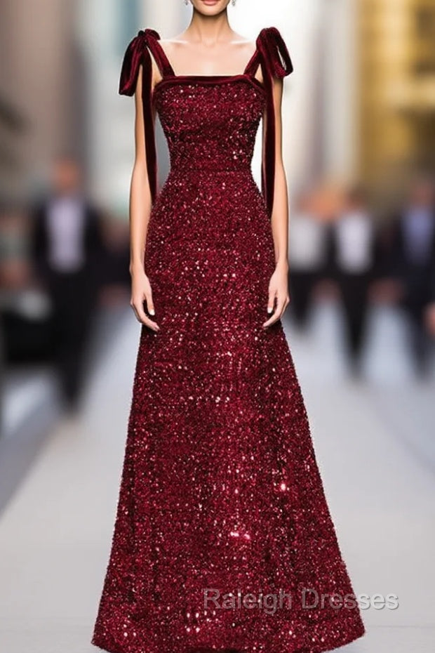 A-Line Burgundy Sequins Straps Prom Dress Main image