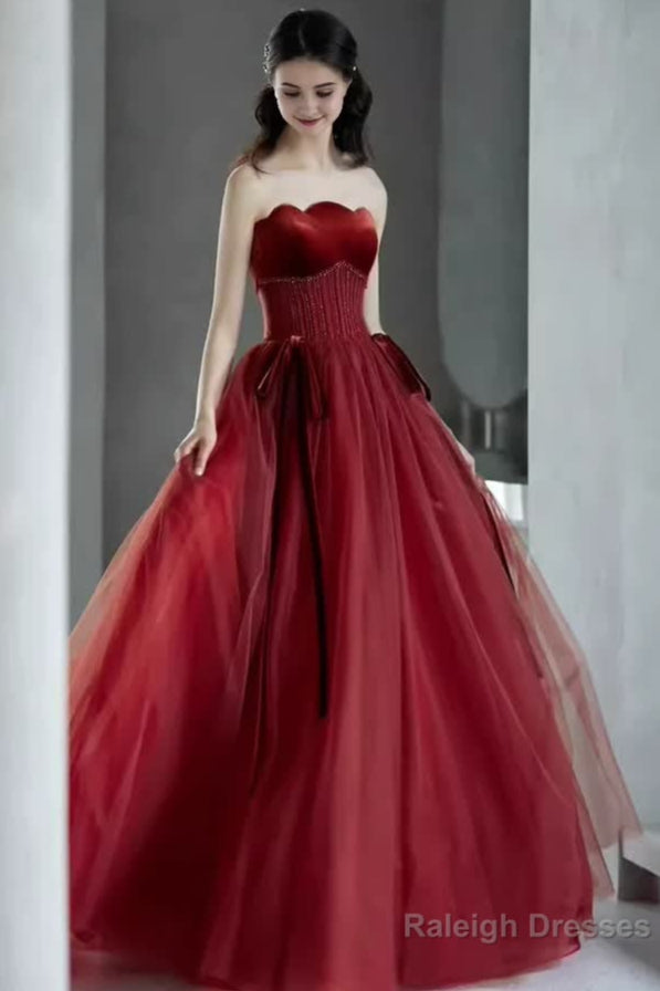 A line Burgundy Strapless Prom Dresses Evening Dress Main image