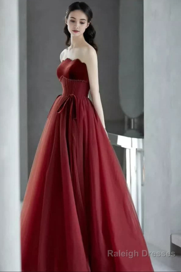 A line Burgundy Strapless Prom Dress