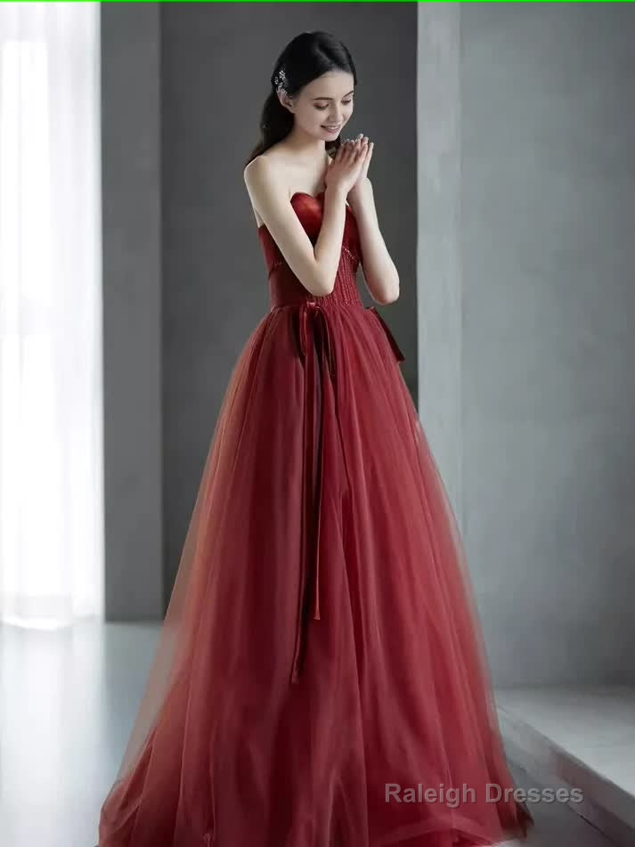 A line Burgundy Strapless Prom Dress