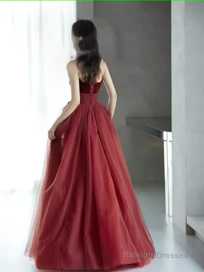 A line Burgundy Strapless Prom Dress