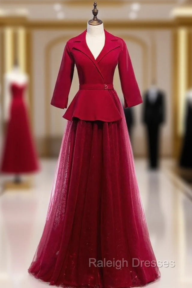 A-Line Burgundy Tulle 3/4 Sleeve V-neck Prom Dress