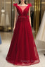 A-Line Burgundy Tulle Bateau Pleats Prom Dress With Feather