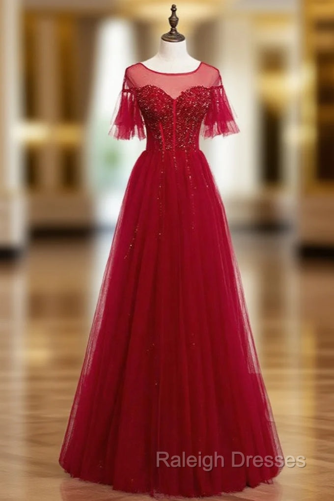 A-Line Burgundy Tulle Beading Sequins Long Prom Dress Main image