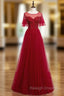 A-Line Burgundy Tulle Beading Sequins Long Prom Dress
