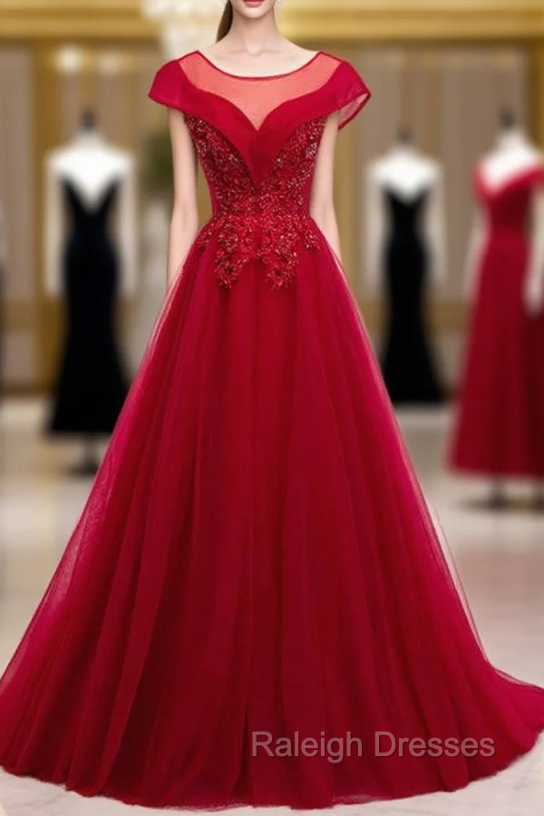 A-Line Burgundy Tulle Cap SLeeve Backless Prom Dress Main image