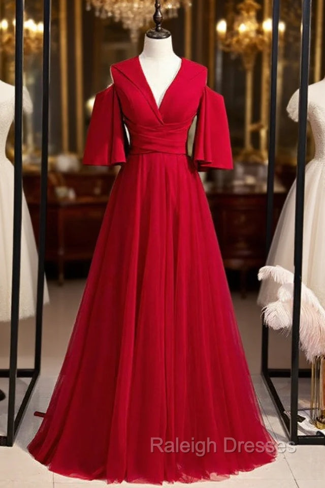 A-Line Burgundy Tulle Deep V-neck Prom Dress Main image