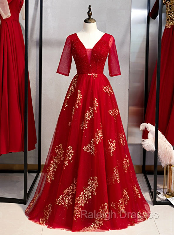 A Line Burgundy Tulle Gold Sequins V Neck Short Sleeve Prom Dress Main image