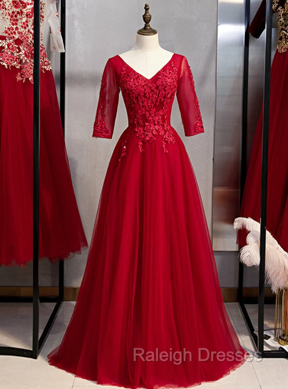 A-Line Burgundy Tulle Lace Appliques Short Sleeve Prom Dress Main image