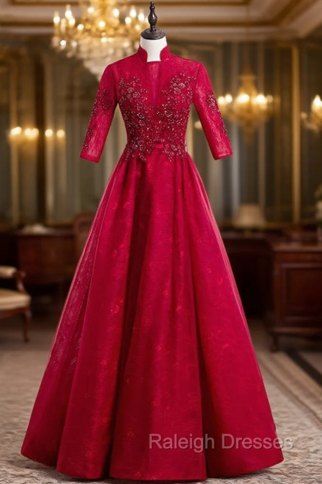 A-Line Burgundy Tulle Lace High Neck Short Sleeve Prom Dress