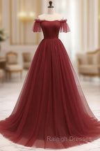 A-Line Burgundy Tulle Long Prom Dress, Burgundy Long Evening Dress