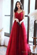 A-Line Burgundy Tulle Long Prom Dresses, Burgundy Formal Evening Dresses