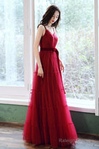 A-Line Burgundy Tulle Long Prom Dresses, Burgundy Formal Evening Dresses