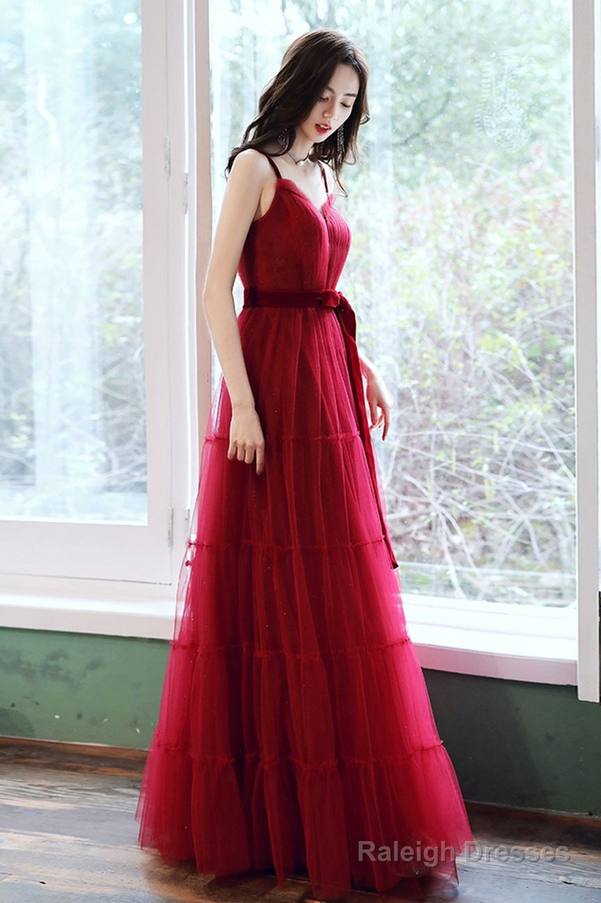 A-Line Burgundy Tulle Long Prom Dresses, Burgundy Formal Evening Dresses