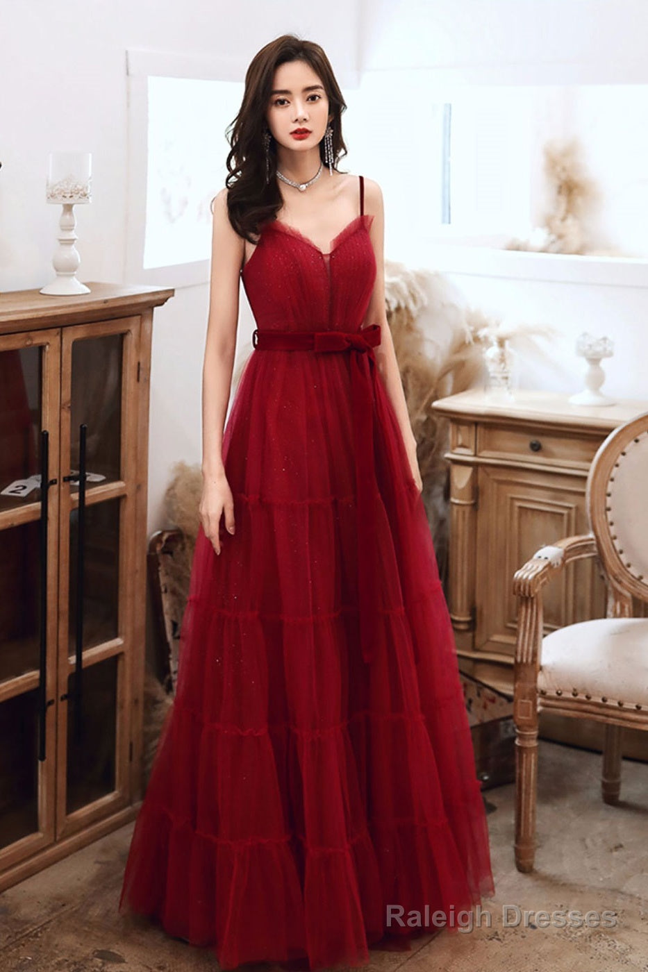A-Line Burgundy Tulle Long Prom Dresses, Burgundy Formal Evening Dresses Main image