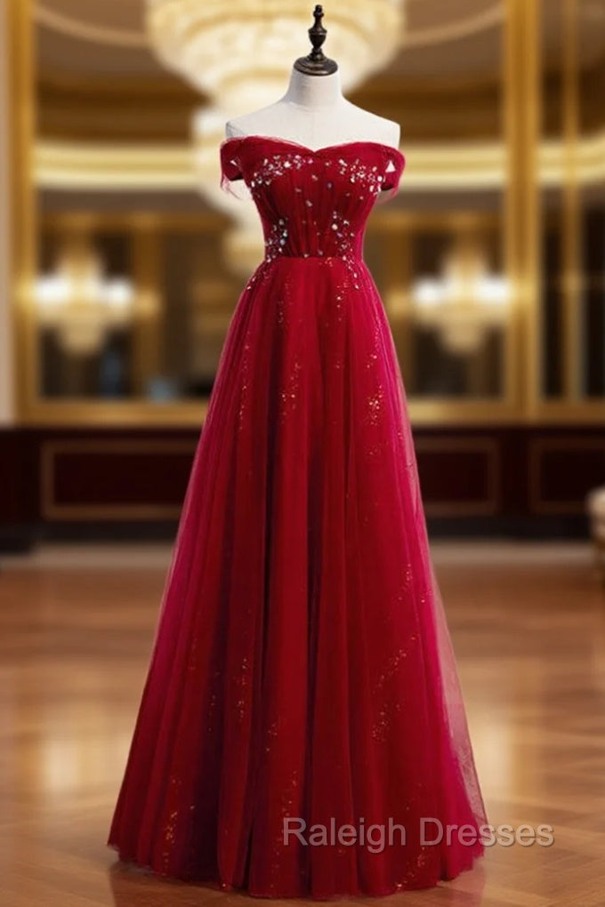 A-Line Burgundy Tulle Off the Shoulder Sequins Prom Dress