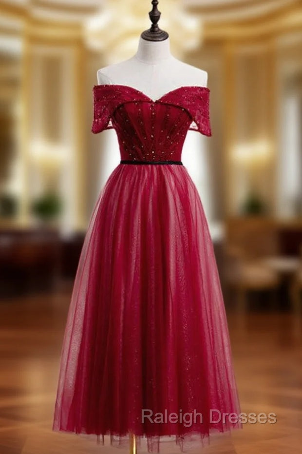 A-Line Burgundy Tulle Off the Shoulder Tea Length Prom Dress