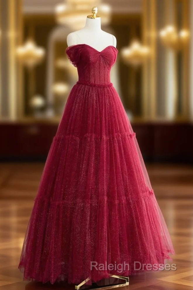 A-Line Burgundy Tulle Pleats Off the Shoulder Prom Dress