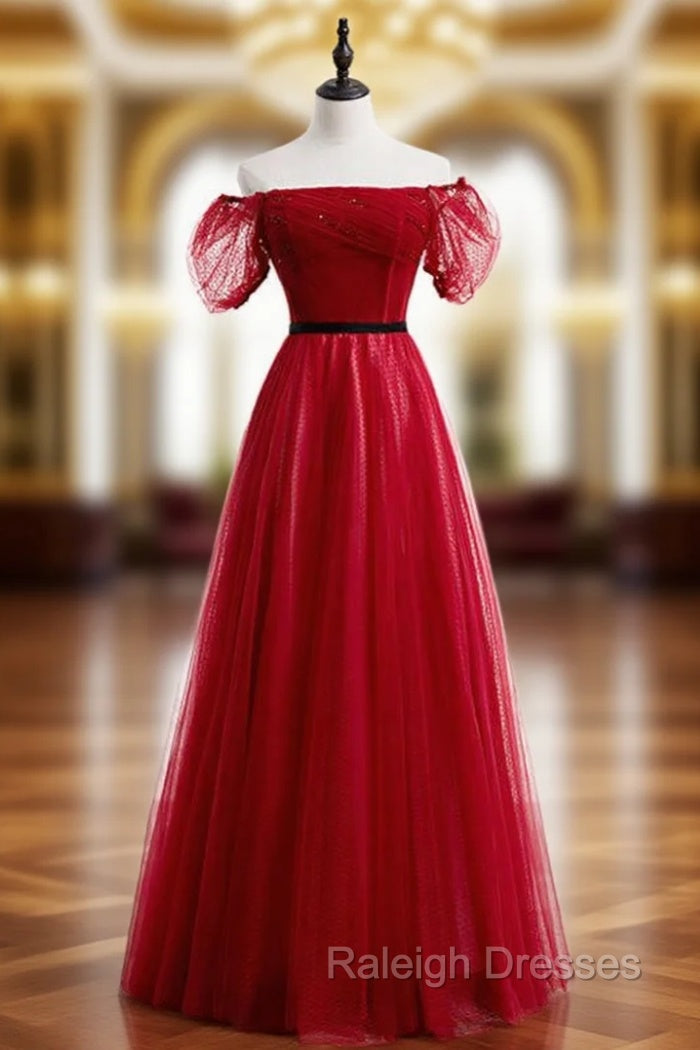A Line Burgundy Tulle Puff Sleeve Off the Shoulder Prom Dresses Main image
