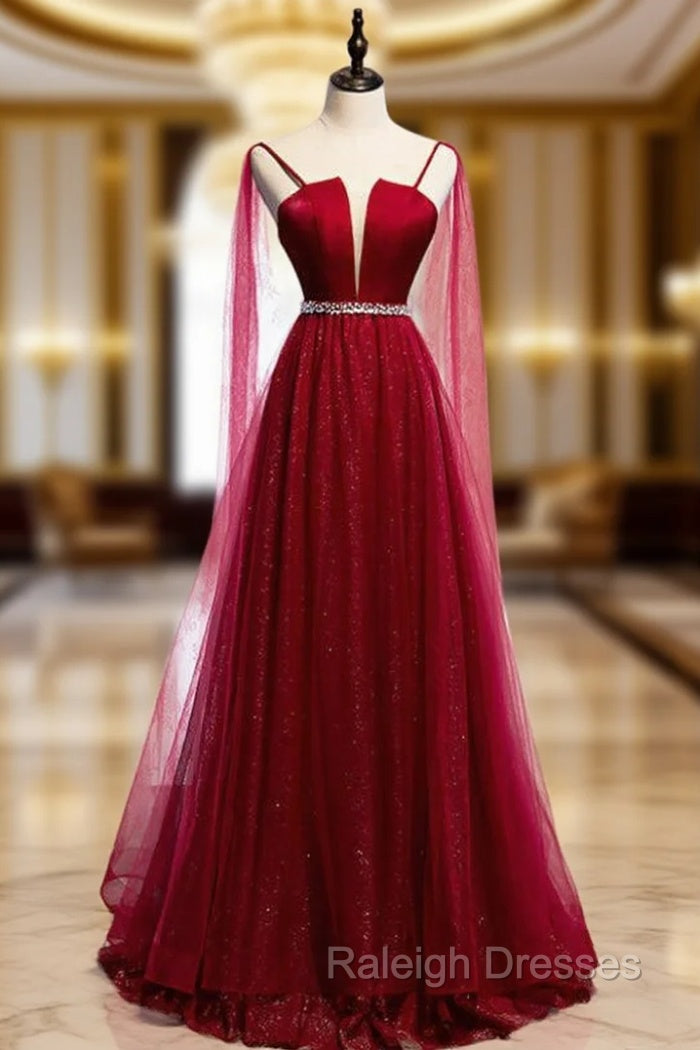 A-Line Burgundy Tulle Saghetti Straps Beading Prom Dress Main image