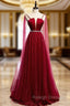 A-Line Burgundy Tulle Saghetti Straps Beading Prom Dress