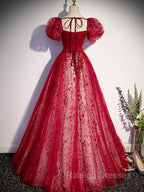 A Line Burgundy Tulle Sequin Long Prom Dress, Burgundy Formal Dress