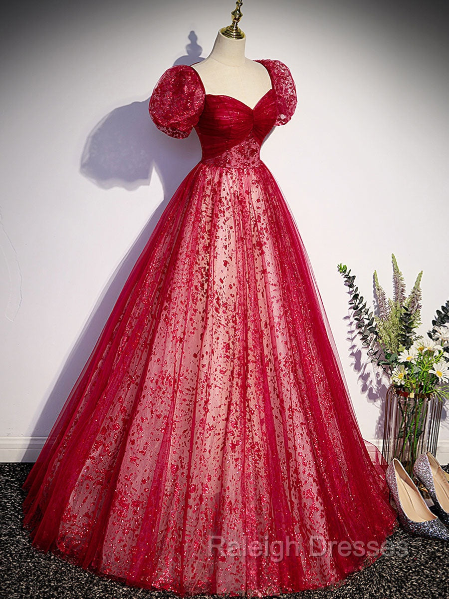 A Line Burgundy Tulle Sequin Long Prom Dress, Burgundy Formal Dress