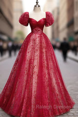 A Line Burgundy Tulle Sequin Long Prom Dress, Burgundy Formal Dress