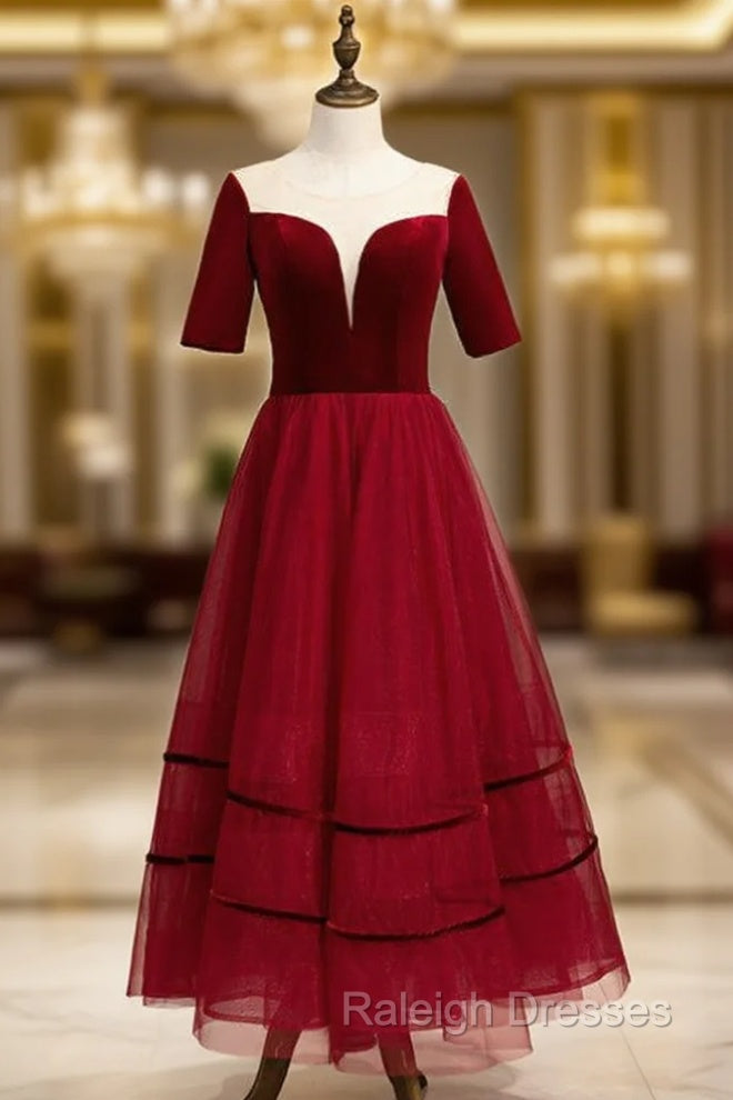 A-Line Burgundy Tulle Short Sleeve Backless Tea Length Prom Dress Main image