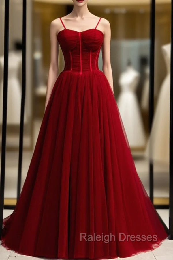 A Line Burgundy Tulle Spaghetti Straps Pleats Prom Dress Main image