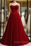 A Line Burgundy Tulle Spaghetti Straps Pleats Prom Dress