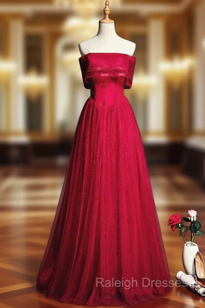 A-Line Burgundy Tulle Strapless Beading Prom Dress