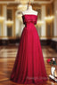 A-Line Burgundy Tulle Strapless Beading Prom Dress
