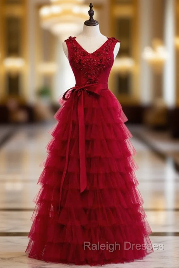 A-Line Burgundy Tulle Tiers Appliques Beading Prom Dress Main image
