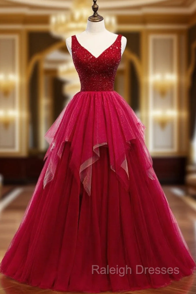 A Line Burgundy Tulle V Neck Backless Beading Prom Dresses Main image
