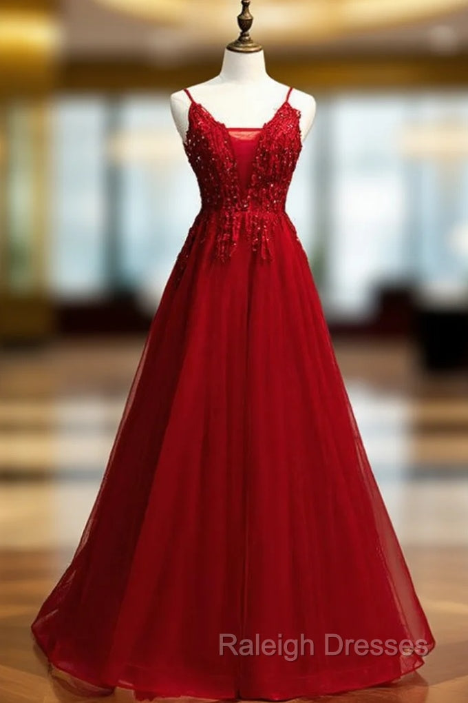 A-Line Burgundy Tulle V-neck Embrodiery Prom Dress Main image